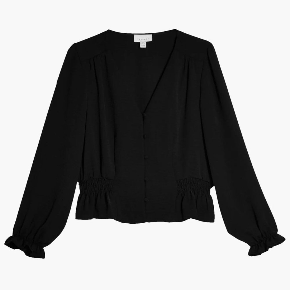 Topshop Womens Millie Twill Tea Top Blouse Button-up Cinch Waist Black Size US 8